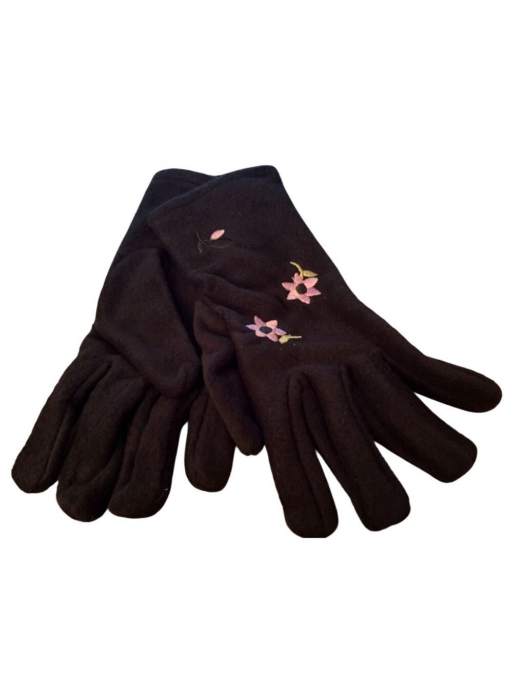 Womens Warm-Up Embroidered Fleece Gloves Black 1 Sz Fits All Floral Design Soft